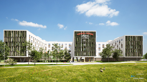 Rendering of a large wood-based hotel