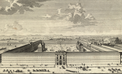 Engraving of an old hospital from the 1730s