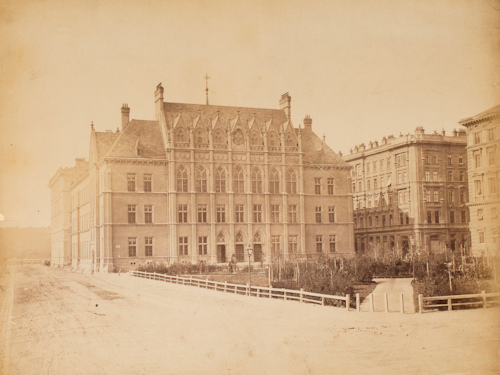 19th-century photo of a school and square