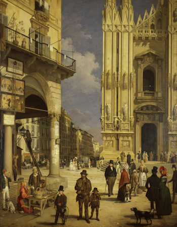 Historical painting of a Milan square
