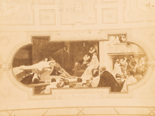 Photo of a ceiling fresco showing a theater scene