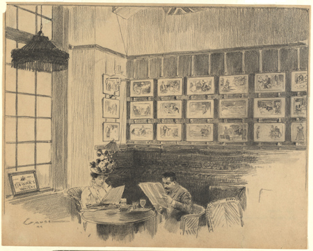 Drawing of a historical couple in a coffee house