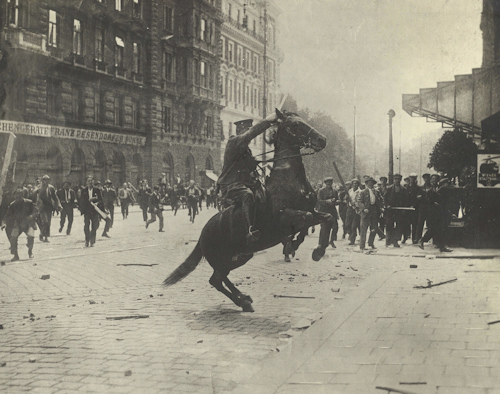 Mounted policeman and protesters