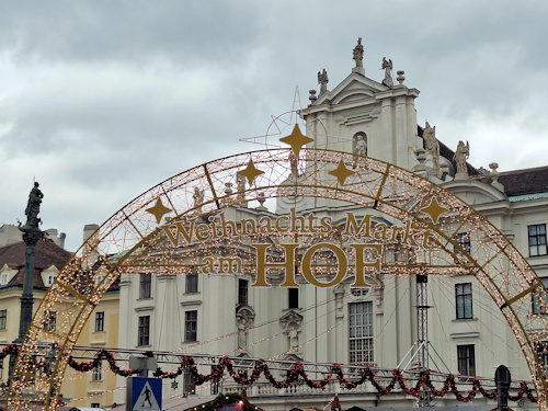 Lighted entrance to a Christmas market
