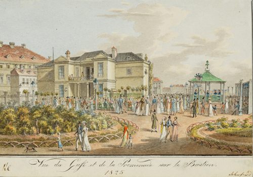 Watercolour of an 1825 coffee house and people walking