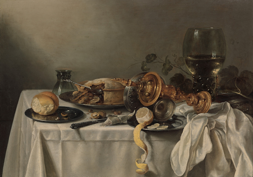 Baroque still life painting featuring a glass, bread, pie, lemon etc.