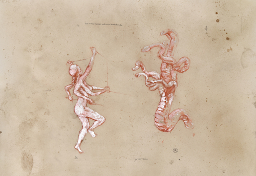 Drawing of a hydra and a goddess