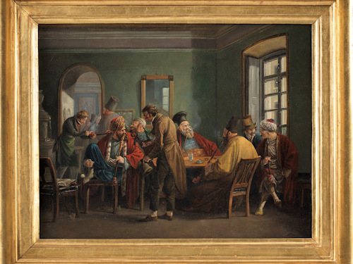 Painting of a coffee house in the early 1800s with Greek and Turkish guests