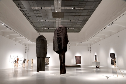 View of exhibition main hall with giant hanging textile art