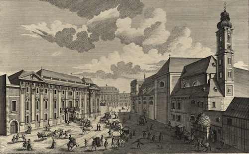 Drawing of Palais Harrach and the Schottenkirche from 1725