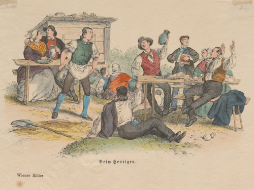 Coloured lithograph of a 19th century wine tavern scene