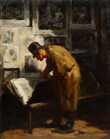 Painting of a man browsing art prints