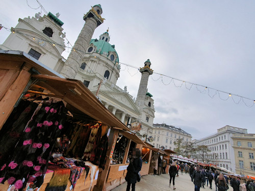 Market stalls with church