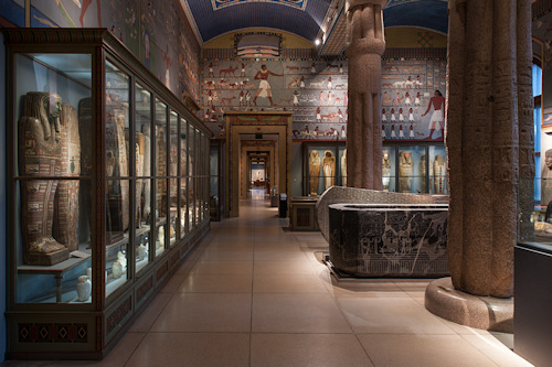 Egyptian artifacts in a museum gallery