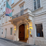 Lighted entrance to a historical building