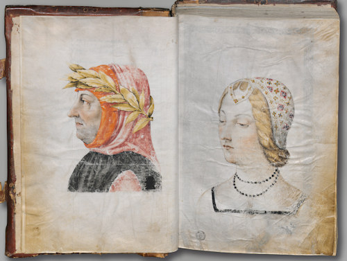 Drawings of Petrarch and his Laura from a 1463 collection of his poems