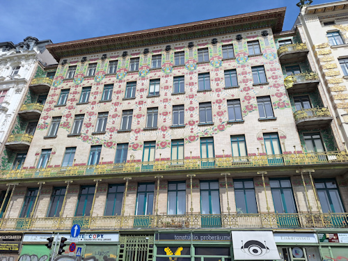 Fill view of Vienna's Majolikahaus with its patterned façade