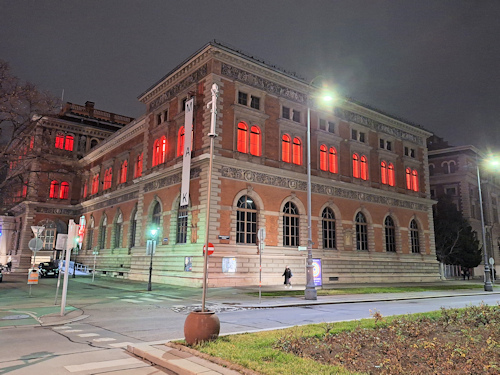 Museum with red-lit windows