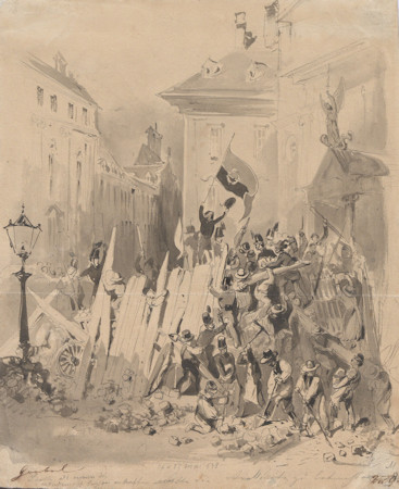 Barricades outside the Michaelerkirche in an 1848 drawing