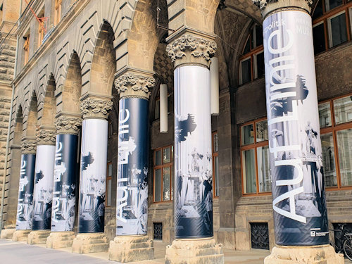 Exhibition posters outside the MUSA