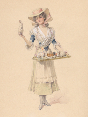 Painting of a young woman selling easter items