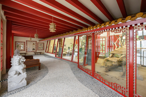 Inside an animal enclosure designed with a Chinese style