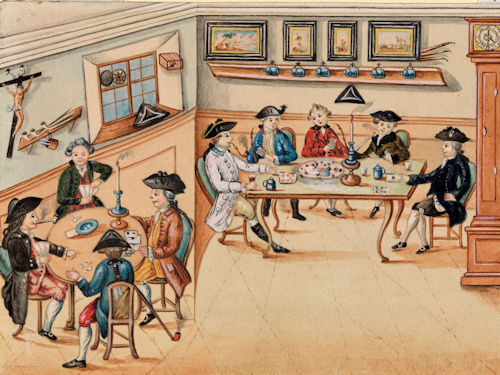Painting of people enjoying cards and dice in the 18th century