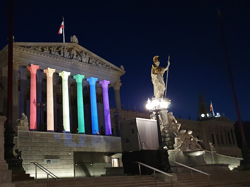 Austrian parliament displaying the Pride colours