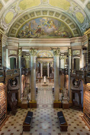 View down a baroque library interior