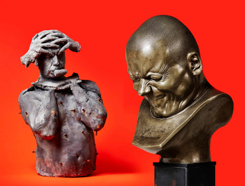Marc Quinn, Emotional Detox II, 1995 (© Marc Quinn Studio) and Franz Xaver Messerschmidt, Character Head No.33, 1777/1783 (© Belvedere, Wien); image courtesy of Marc Quinn studio