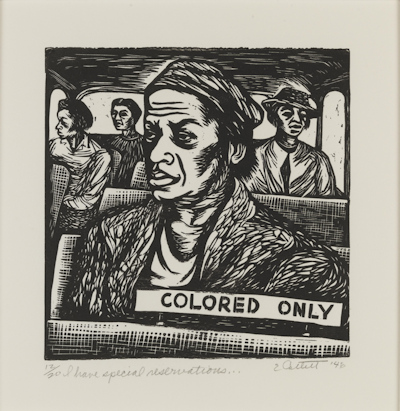 Woodcut of a woman on a bus