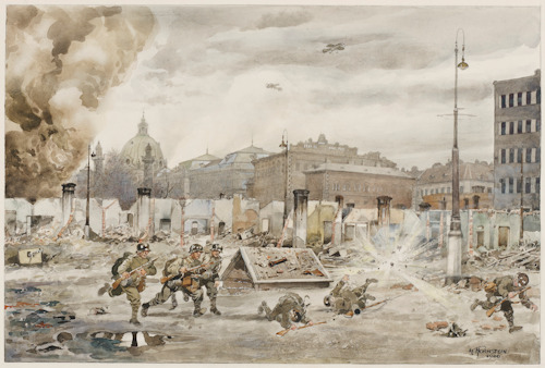 Watercolour of WWII street fighting