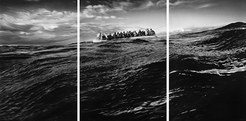 Charcoal drawing of a raft at sea