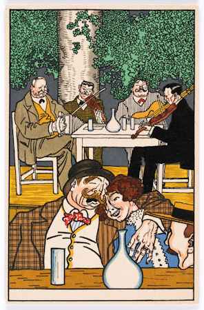 Postcard of a wine tavern scene