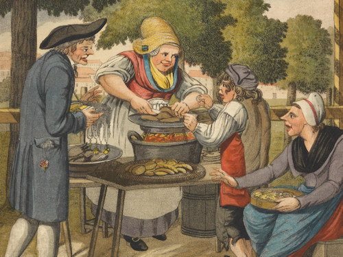 An old coloured engraving showing a woman roasting meat at an outdoor stand