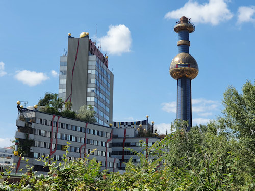 Incinerator Tower viewed from the Donaukanal north bank