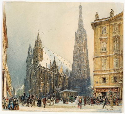 Painting of a snow-laden cathedral in the 19th century