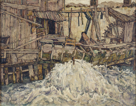Painting of a dilapidated mill
