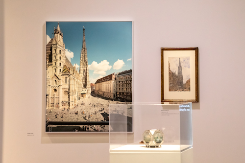 Photo and watercolour in an exhibition