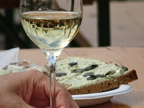 Wine and open bread sandwich