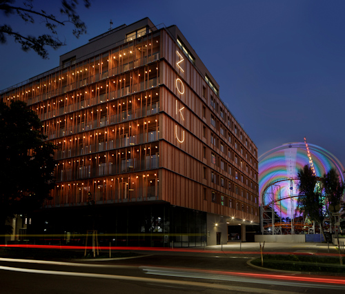 Nighttime view of a hotel